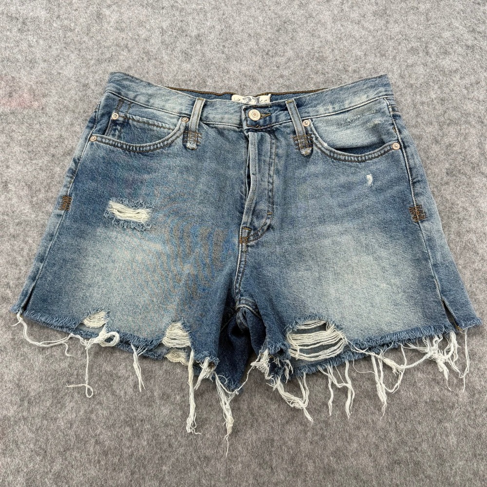 We The Free Free People Distressed Denim Shorts High Rise Button Fly Blue 27